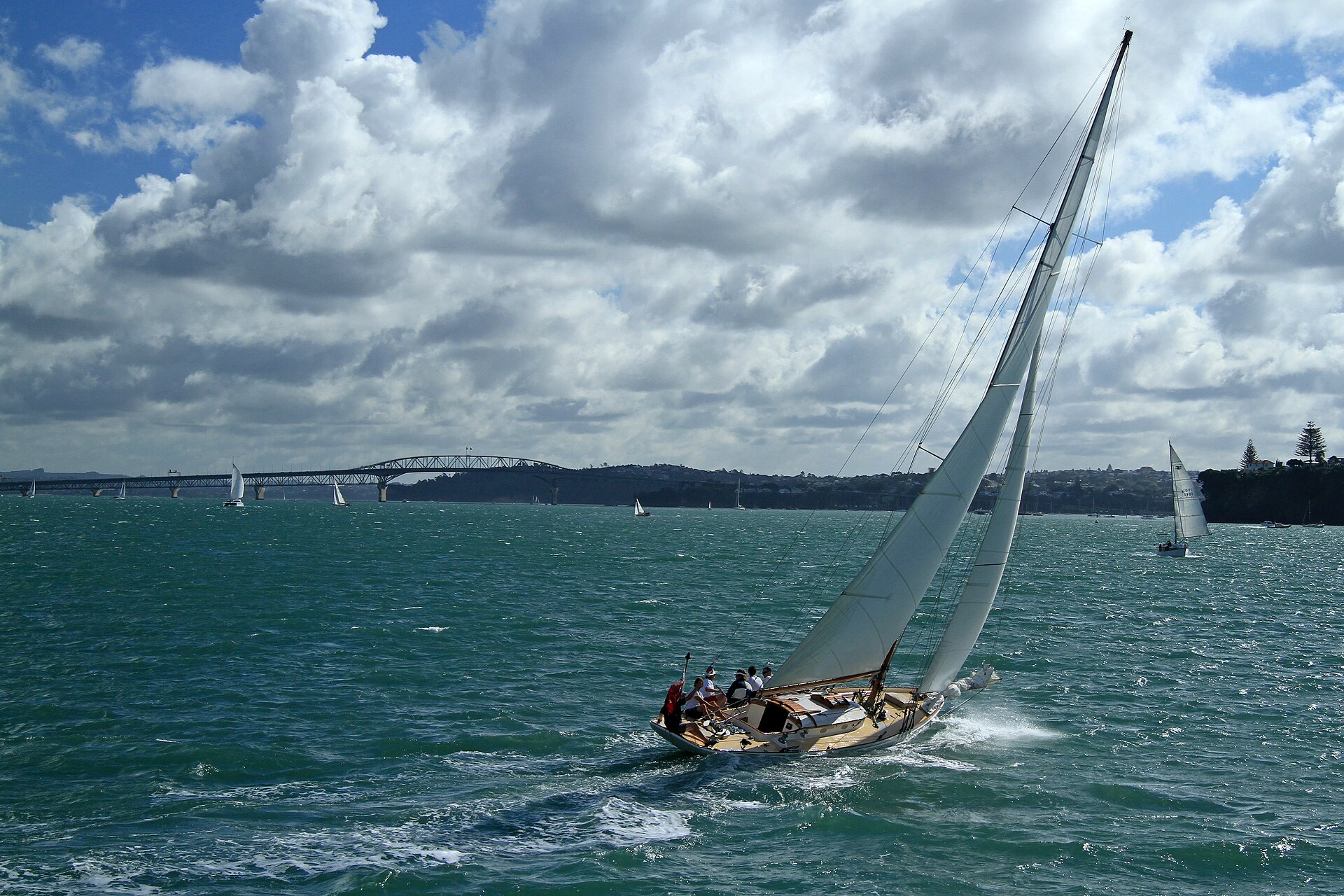 Segelyacht auf dem Waitematā Harbour, im Hintergrund die Auckland Harbour Bridge