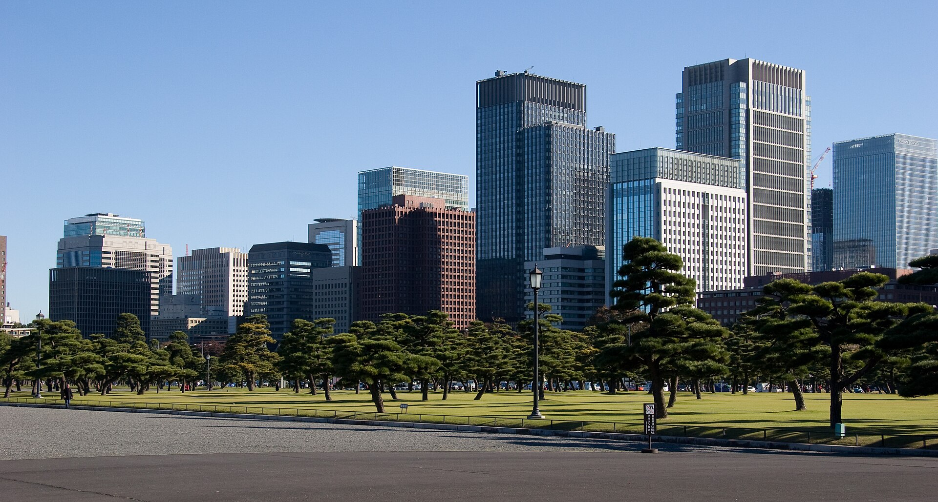 Marunouchi-Skyline hinter den Kiefern des Kaiserpalasts