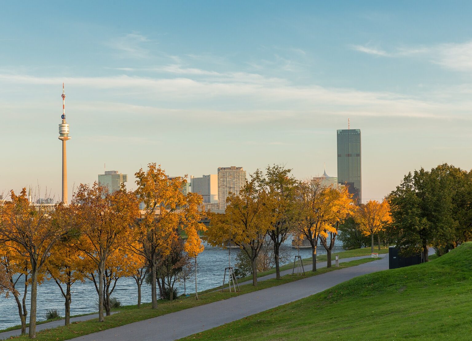 Herbst auf der Donauinsel, dahinter Donauturm und DC Tower